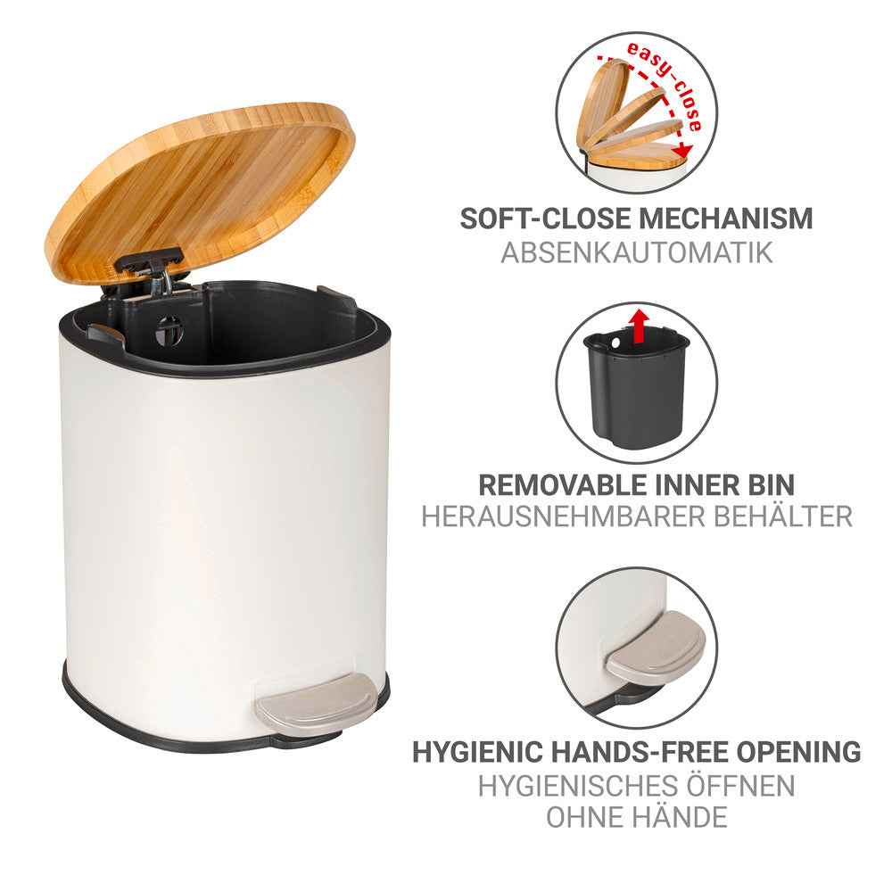 Detalj av pedal på Kosmetikkbøtte hvit/natur stål og bambus 3L med pedal - Wenko
