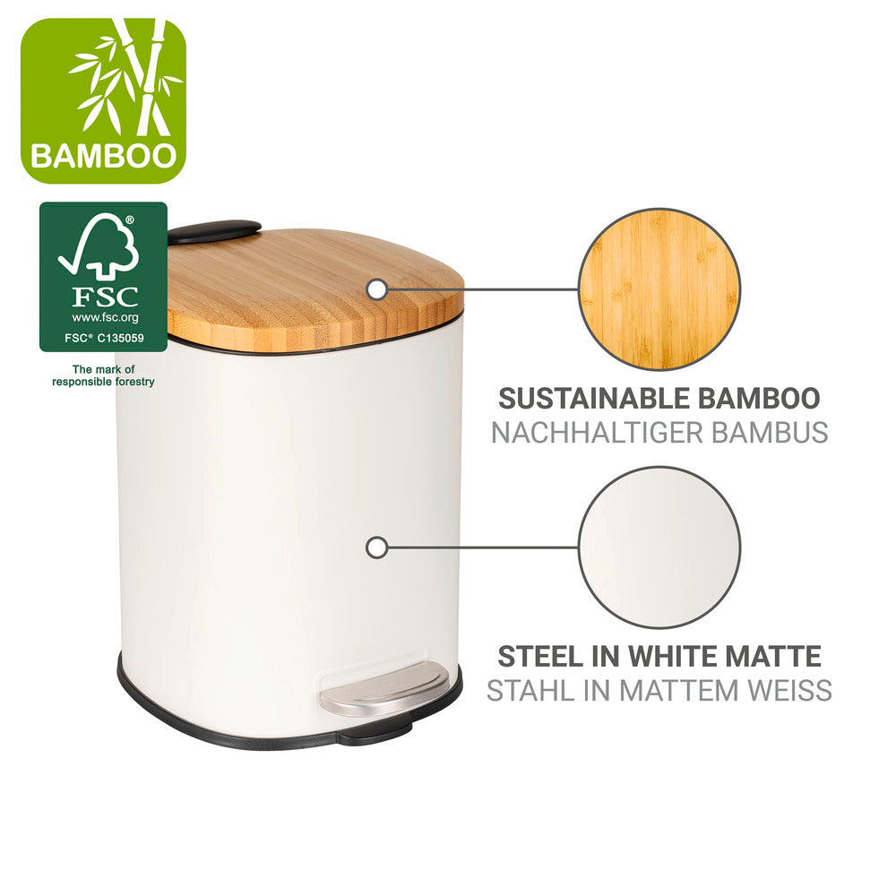 Nærbilde av materialet på Kosmetikkbøtte hvit/natur stål og bambus 3L med pedal - Wenko