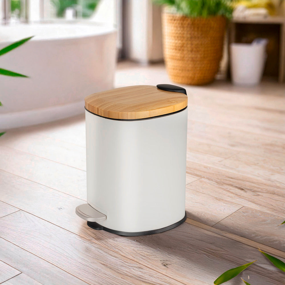 Toppvisning av Kosmetikkbøtte hvit/natur stål og bambus 3L med pedal - Wenko