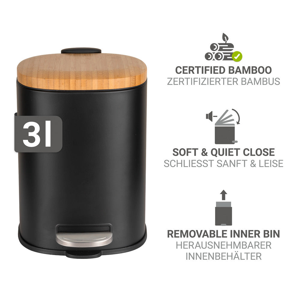 Kosmetikkbøtte svart/natur metall og bambus 3L soft close bakside