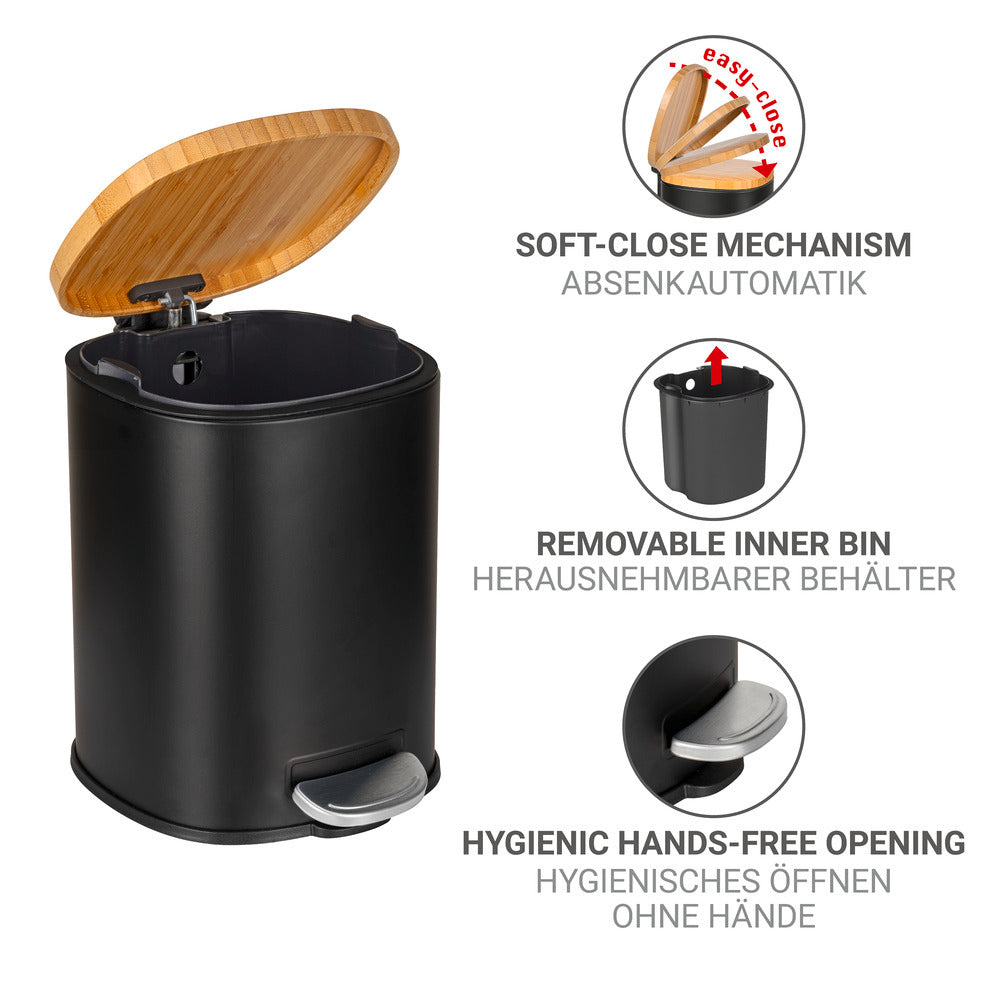 Detalj av kosmetikkbøtte svart/natur metall og bambus 3L soft close