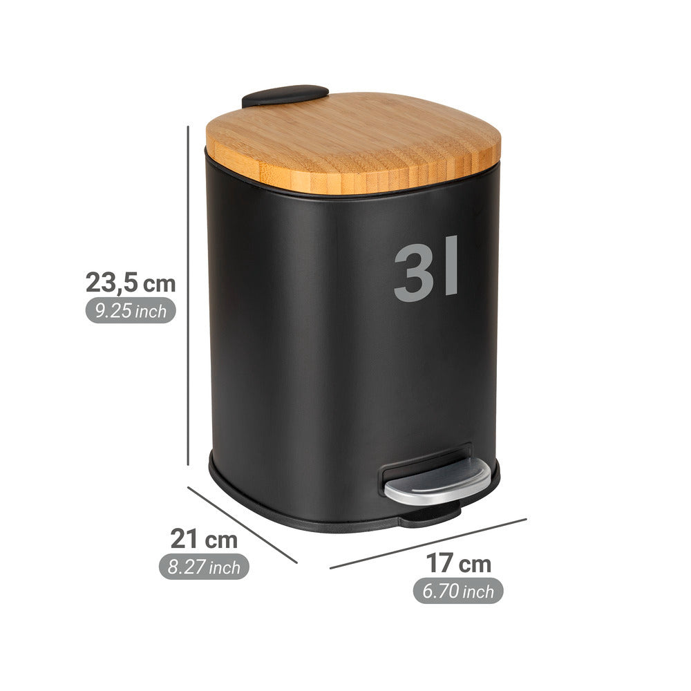 Nærbilde av soft close mekanisme på kosmetikkbøtte svart/natur metall og bambus 3L