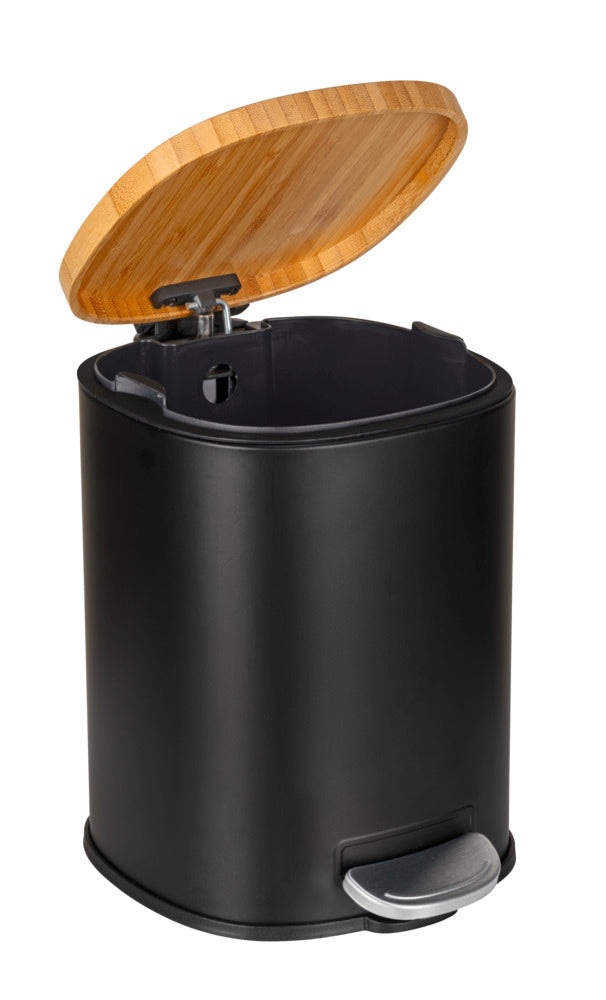 Kosmetikkbøtte svart/natur metall og bambus 3L soft close i baderomsmiljø