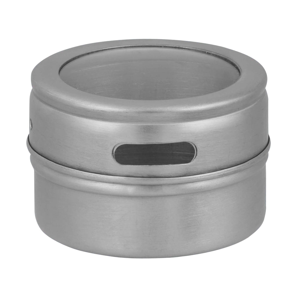 Detaljbilde av lokk på Krydderboks magnetisk rustfritt stål Ø6x4,5 cm