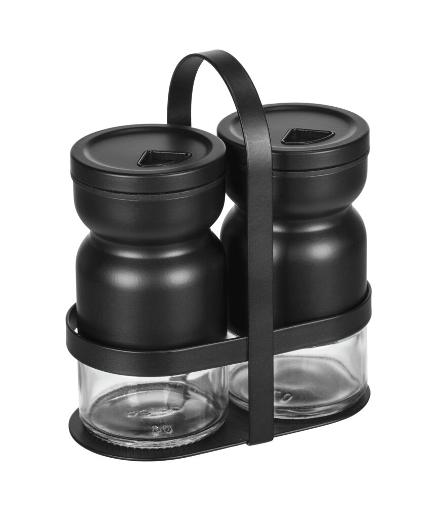 Kryddersett 3-delt med holder og strøere glass svart - WENKO forfra