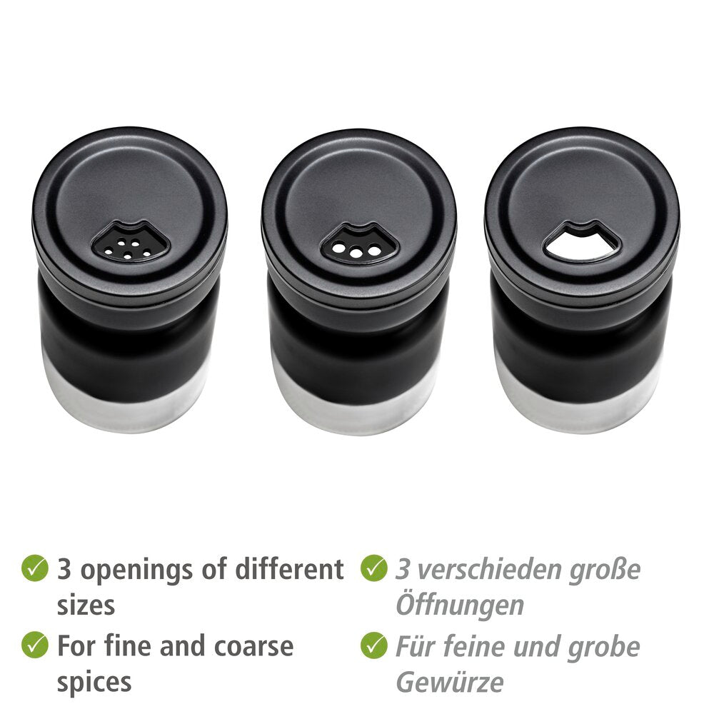 Kryddersett 3-delt med holder og strøere glass svart - WENKO nærbilde av strøere