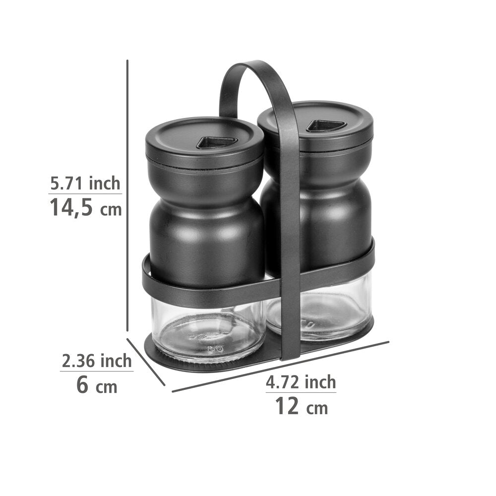 Kryddersett 3-delt med holder og strøere glass svart - WENKO sett med holder