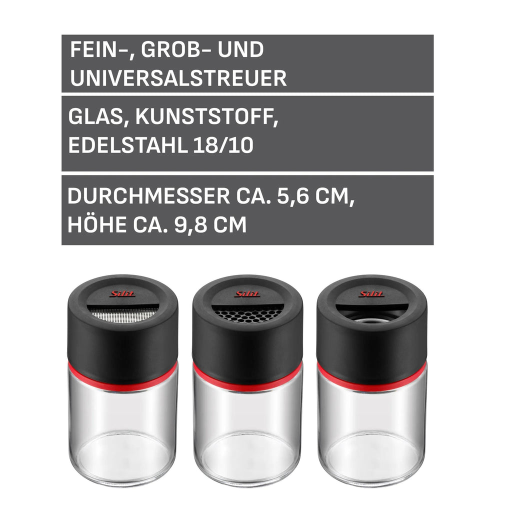 Krydderstrøer glass 3-delt sett med lokk Silit nærbilde av krydderåpning