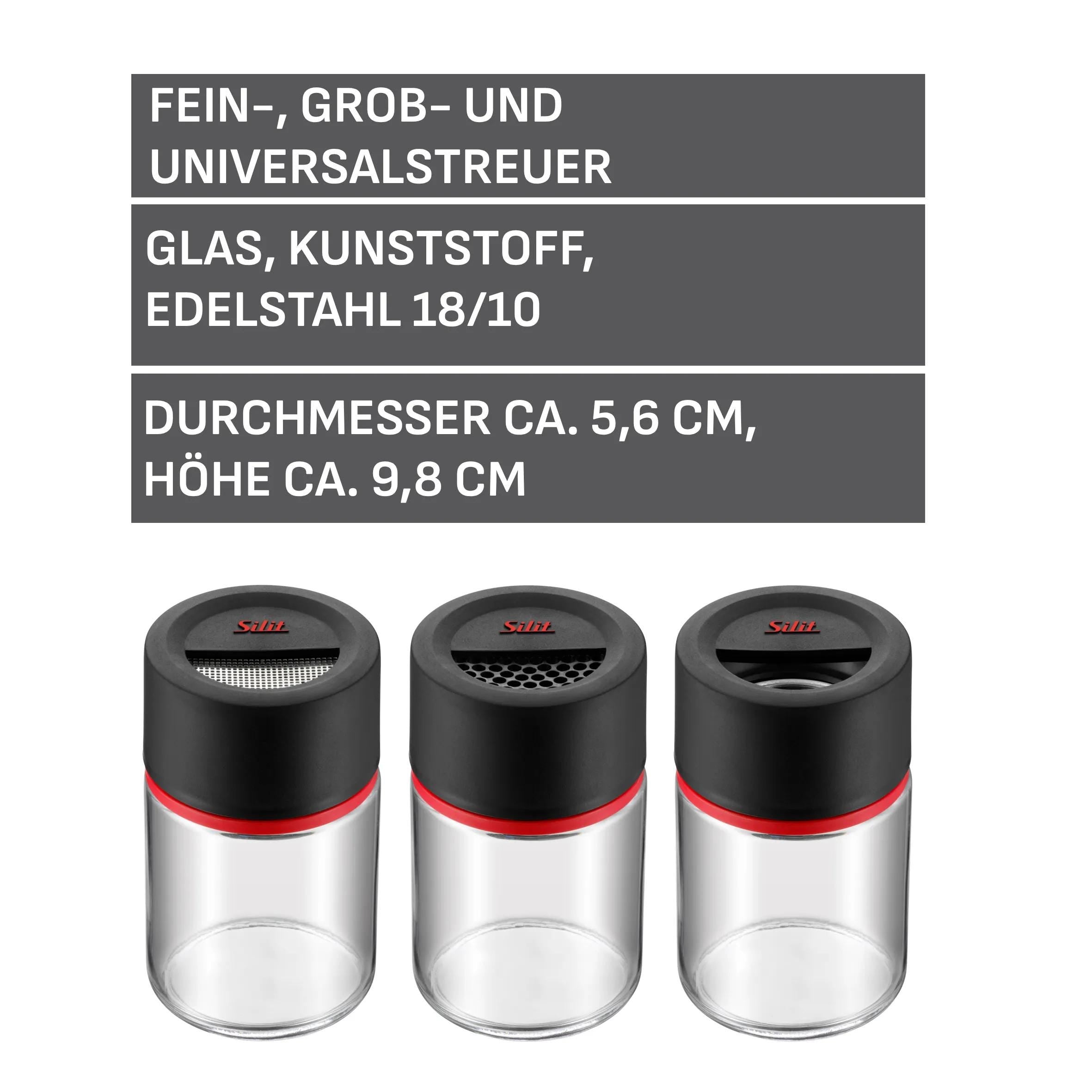 Krydderstrøer glass 3-delt sett med lokk Silit nærbilde av krydderåpning