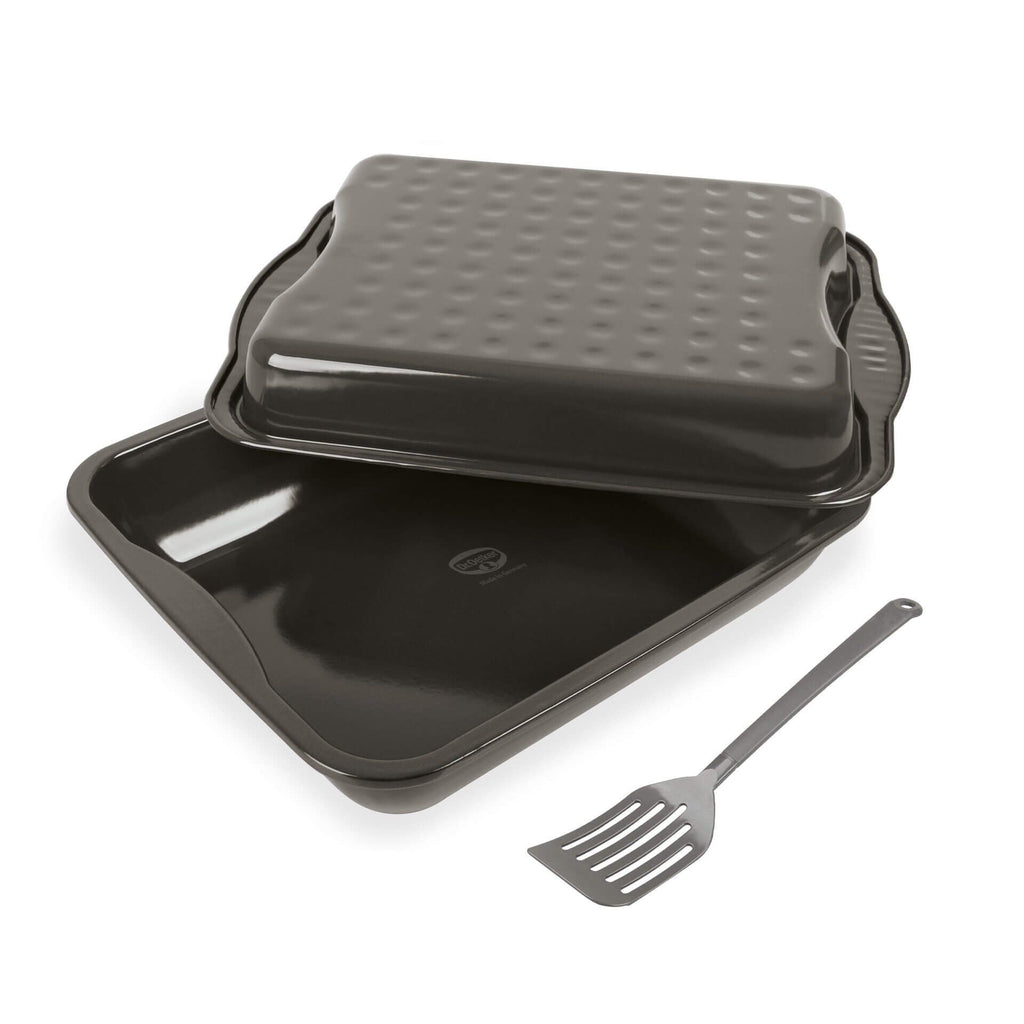 Langpanne med lokk og stekespade emaljert 42x34 cm forfra