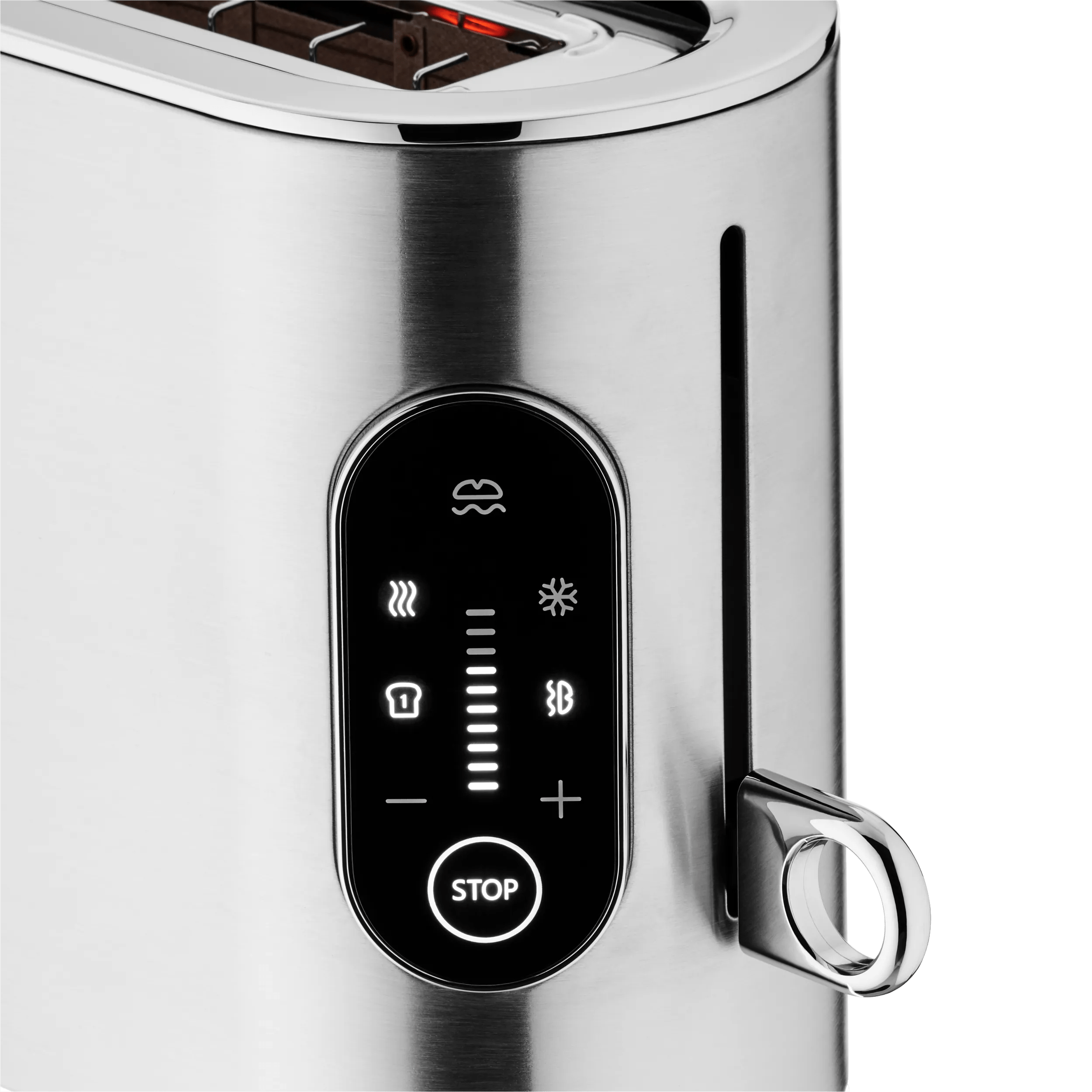 Langslissbrødrister Lumero rustfritt stål detalj av LED-display