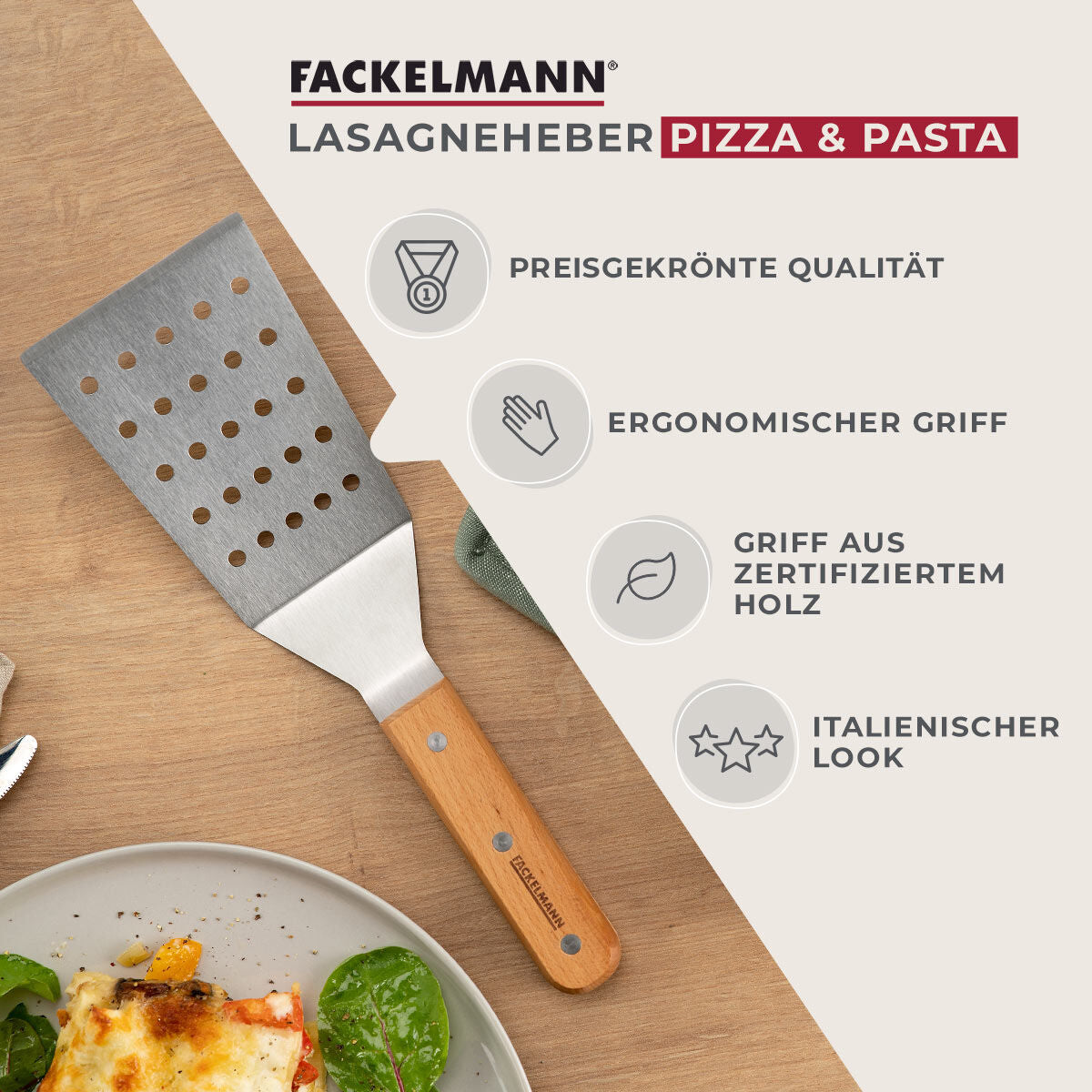 Lasagnespade rustfritt stål med bøketrehåndtak FSC-sertifisert i bruk