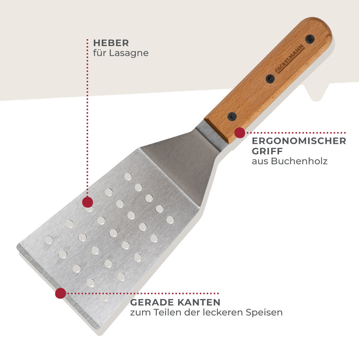 Lasagnespade rustfritt stål med bøketrehåndtak FSC-sertifisert håndtak detalj