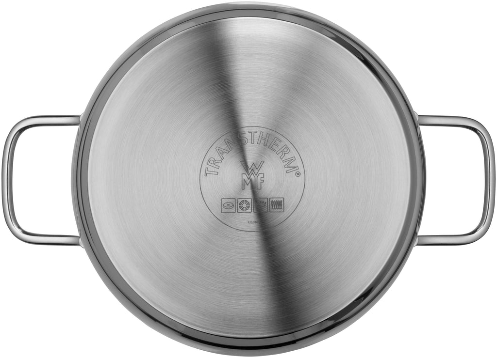 Nærbilde av håndtak på lav gryte med glasslokk 20 cm rustfritt stål 3 L Diadem Plus
