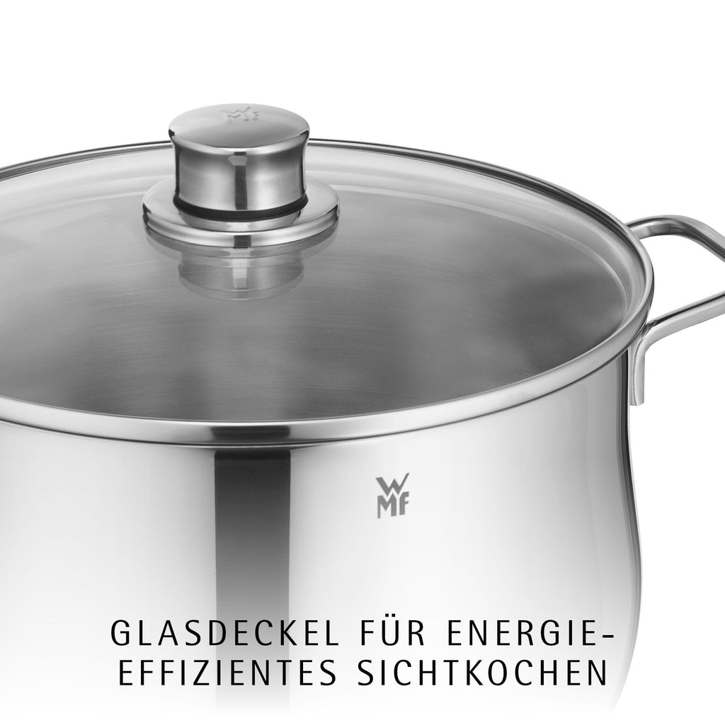 Oversikt over lav gryte med glasslokk 20 cm rustfritt stål 3 L Diadem Plus og lokk