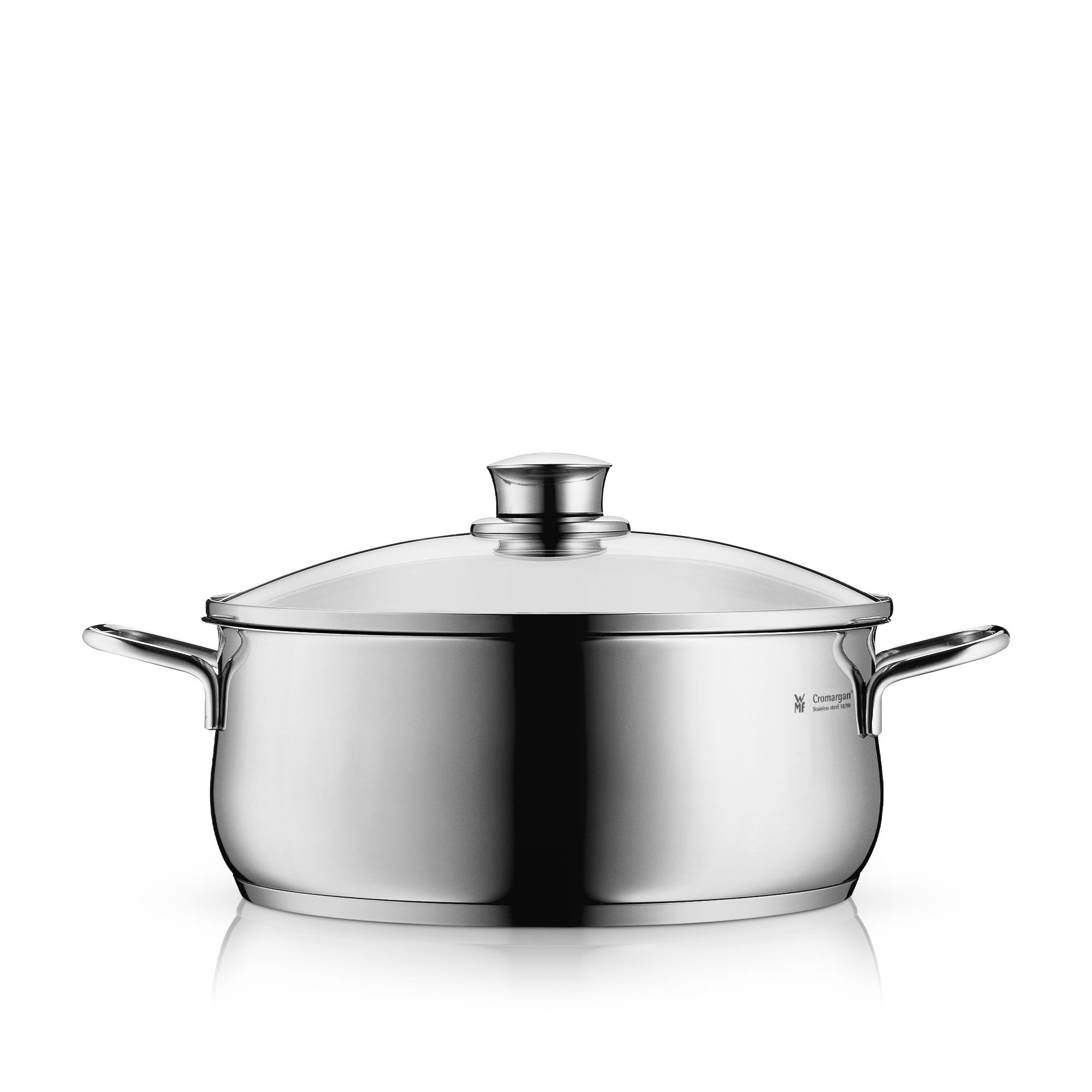 Lav gryte med glasslokk 24 cm rustfritt stål Diadem Plus WMF forfra