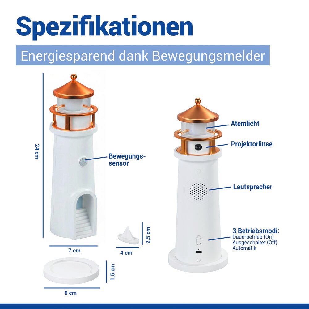 LED nattlys fyrtårn med måneprojektor og bevegelsessensor Maximex i bruk