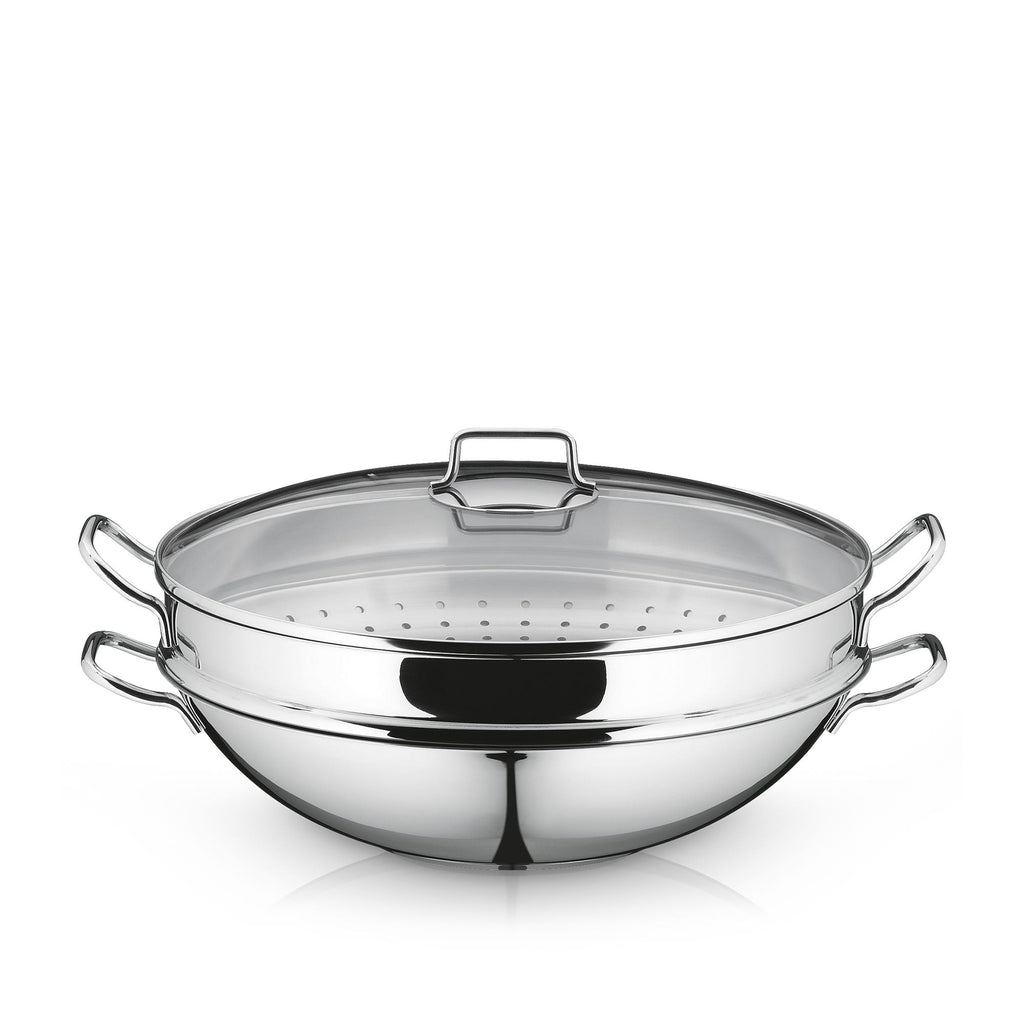 Macao wok-sett 36 cm rustfritt stål 4-delt med glasslokk forfra