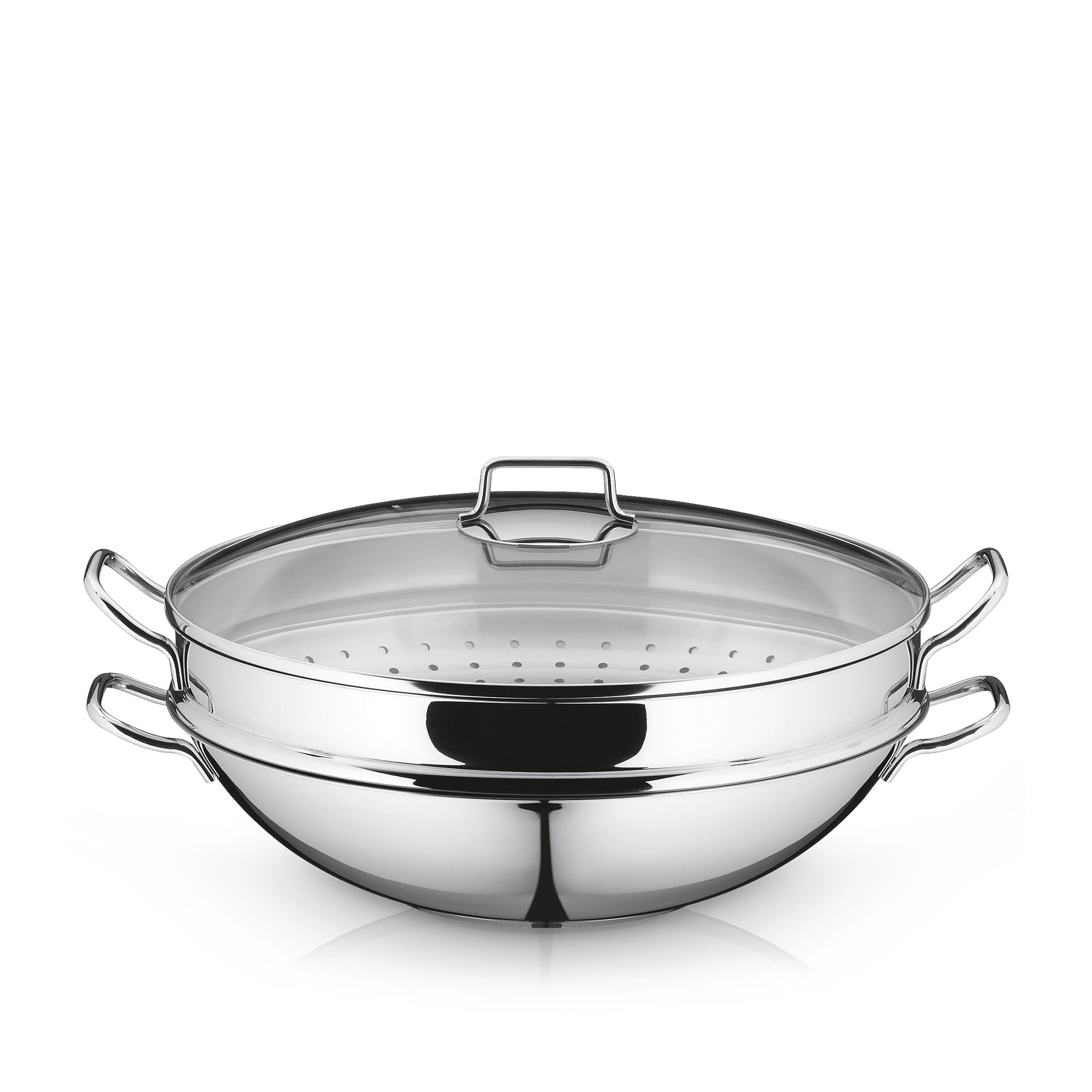 Macao wok-sett 36 cm rustfritt stål 4-delt med glasslokk forfra