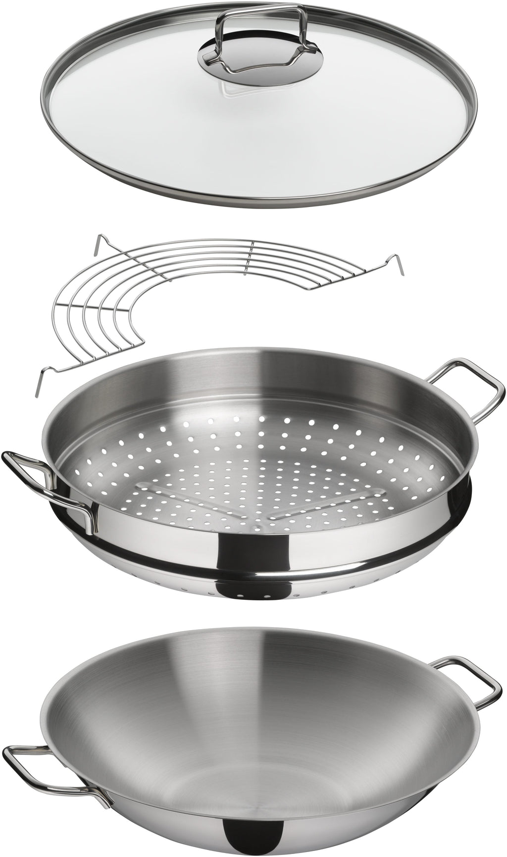 Macao wok-sett 36 cm rustfritt stål 4-delt med glasslokk bakside