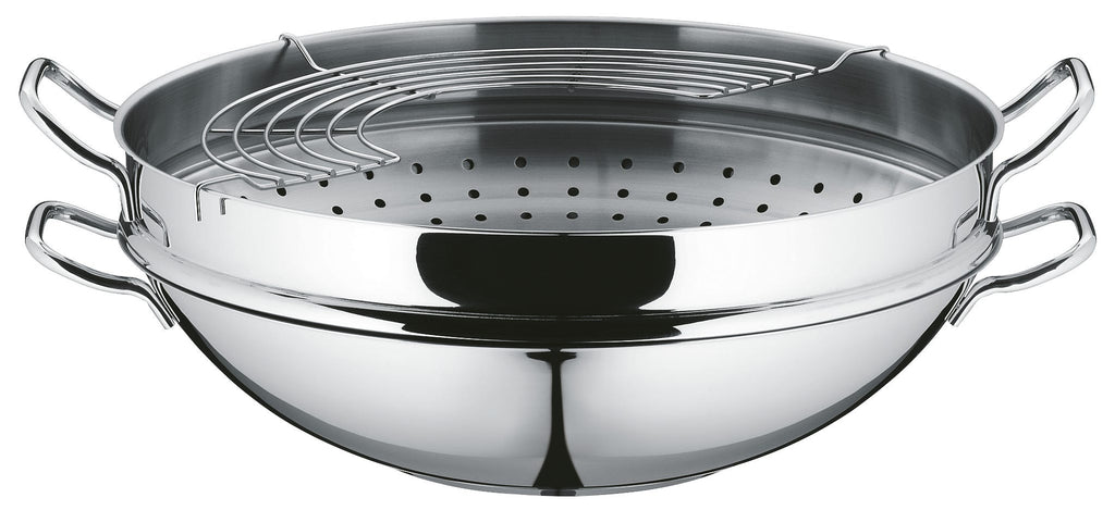 Detalj av Macao wok-sett 36 cm rustfritt stål 4-delt med glasslokk håndtak