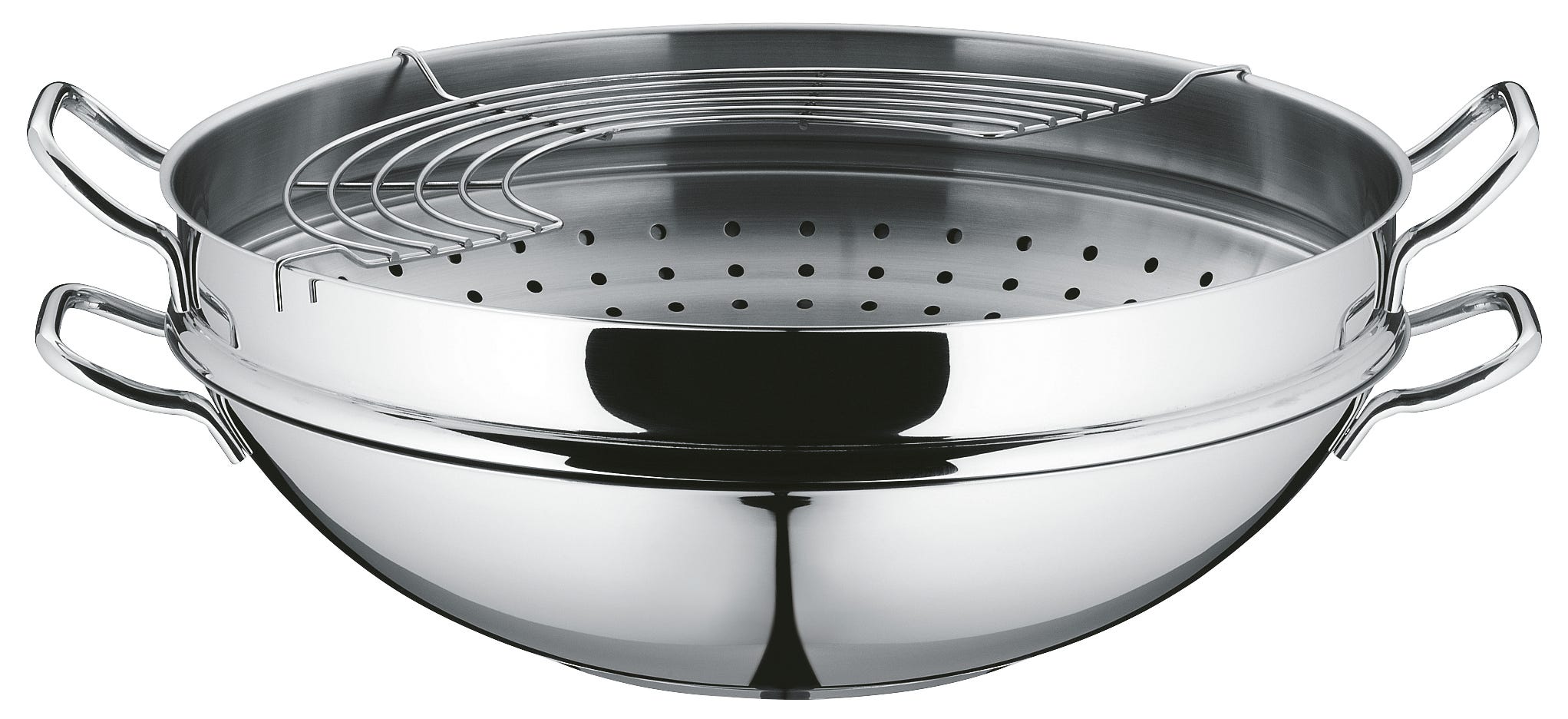 Detalj av Macao wok-sett 36 cm rustfritt stål 4-delt med glasslokk håndtak