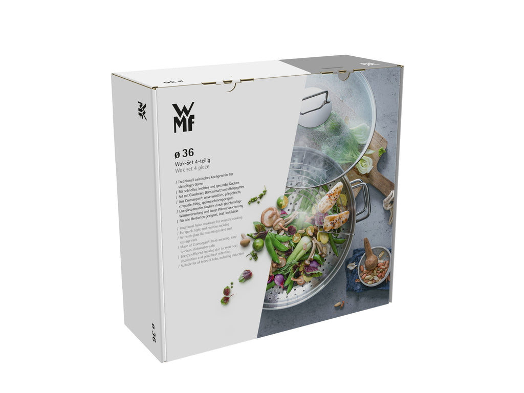 Montert Macao wok-sett 36 cm rustfritt stål 4-delt med glasslokk på komfyr