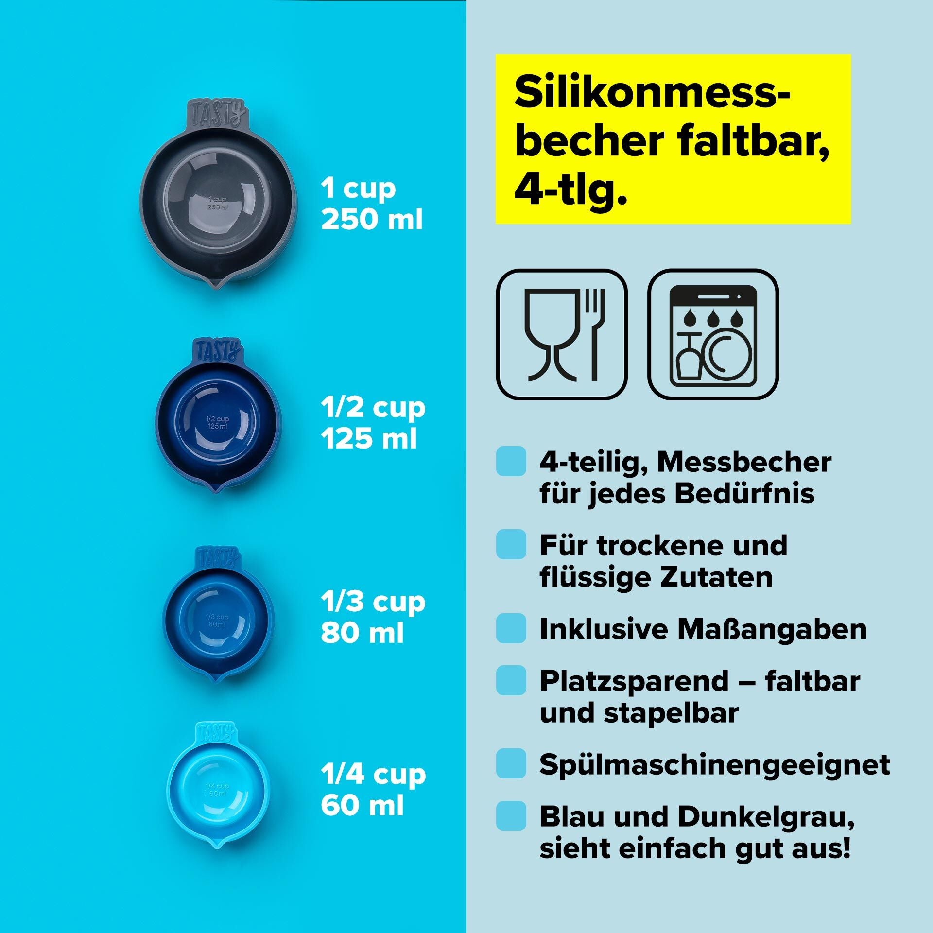 Målebeger sammenleggbart 4-delt silikon cup-mål - Tasty i bruk på kjøkken