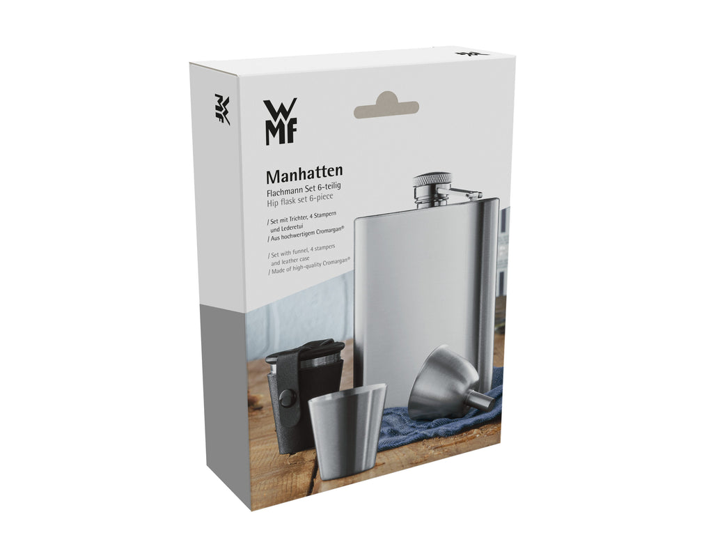 Manhattan lommelerkesett 6-delt rustfritt stål 200 ml nærbilde av logo