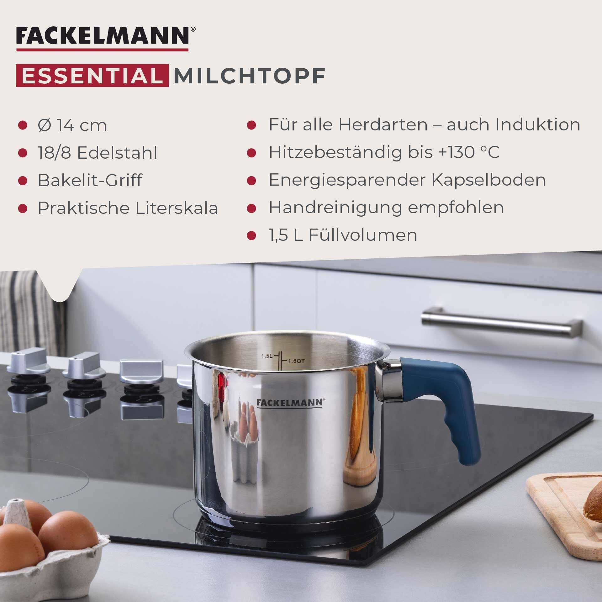 Melkekjele Essential Ø14 cm rustfritt stål blå montert på komfyr
