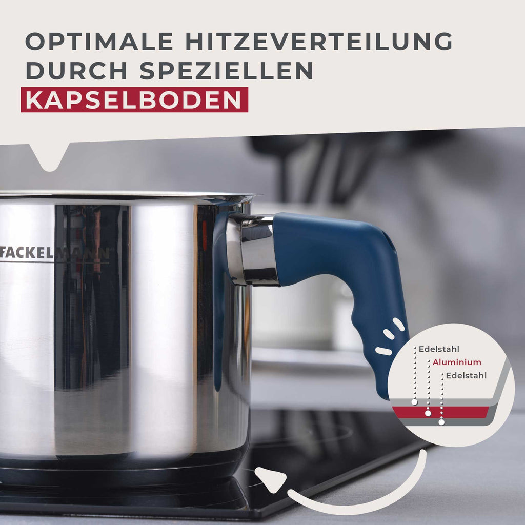 Volumskala på Melkekjele Essential Ø14 cm rustfritt stål blå