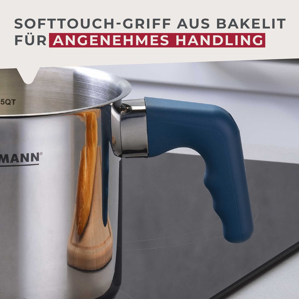 Sidevisning av Melkekjele Essential Ø14 cm rustfritt stål blå