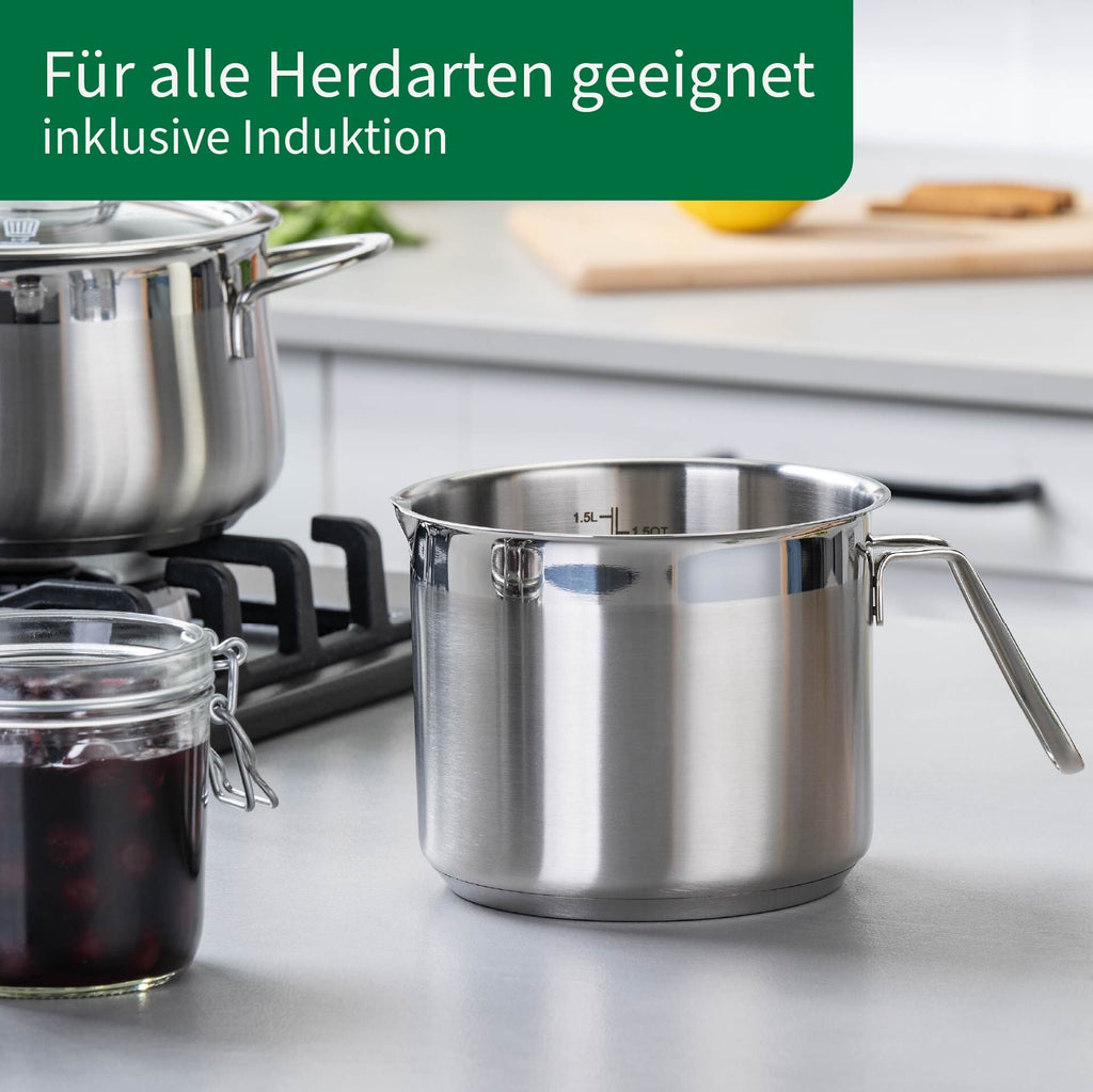 Oversikt av Melkekjele rustfritt stål Ø14 cm 1,7 L i kjøkkenmiljø