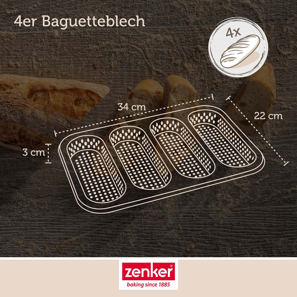Nærbilde av perforering på Mini-baguetteplate perforert 4 former non-stick gull - Zenker