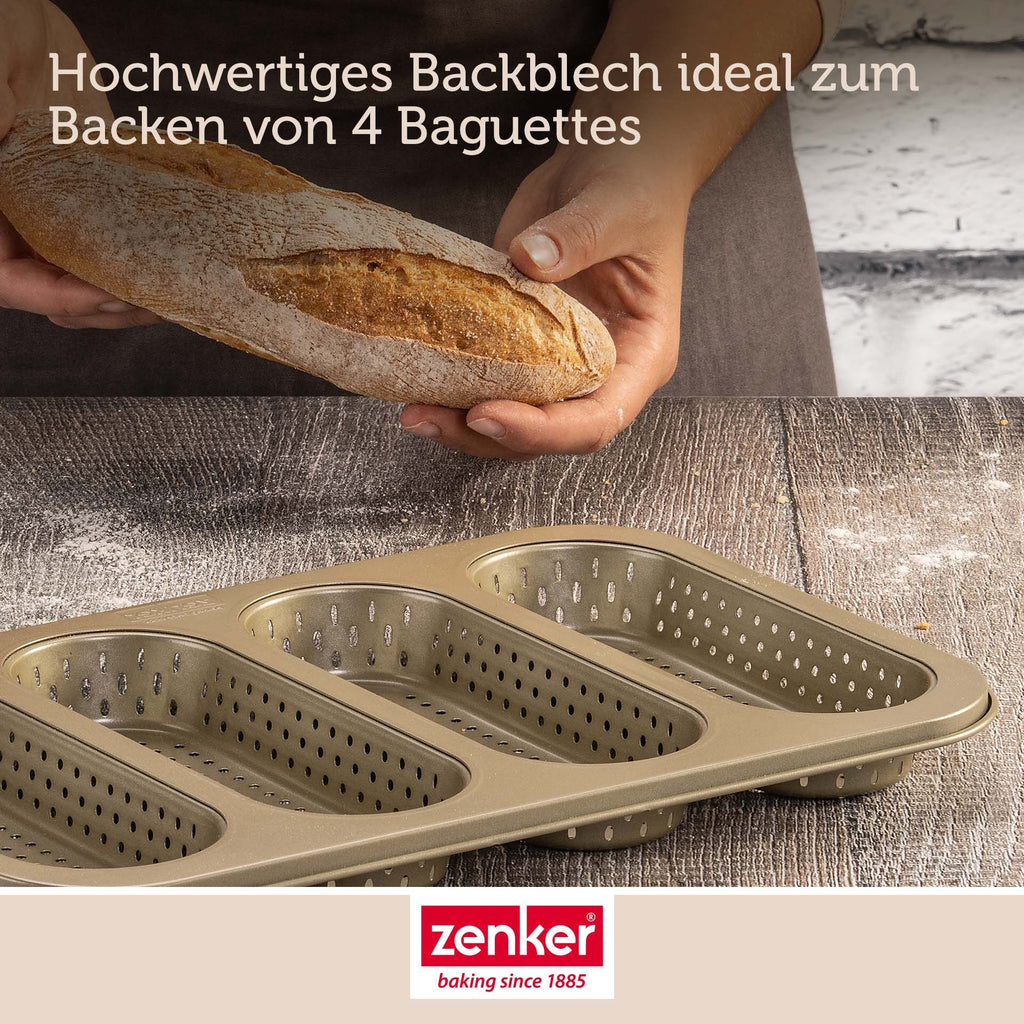 Mini-baguetteplate perforert 4 former non-stick gull - Zenker med nybakte baguetter
