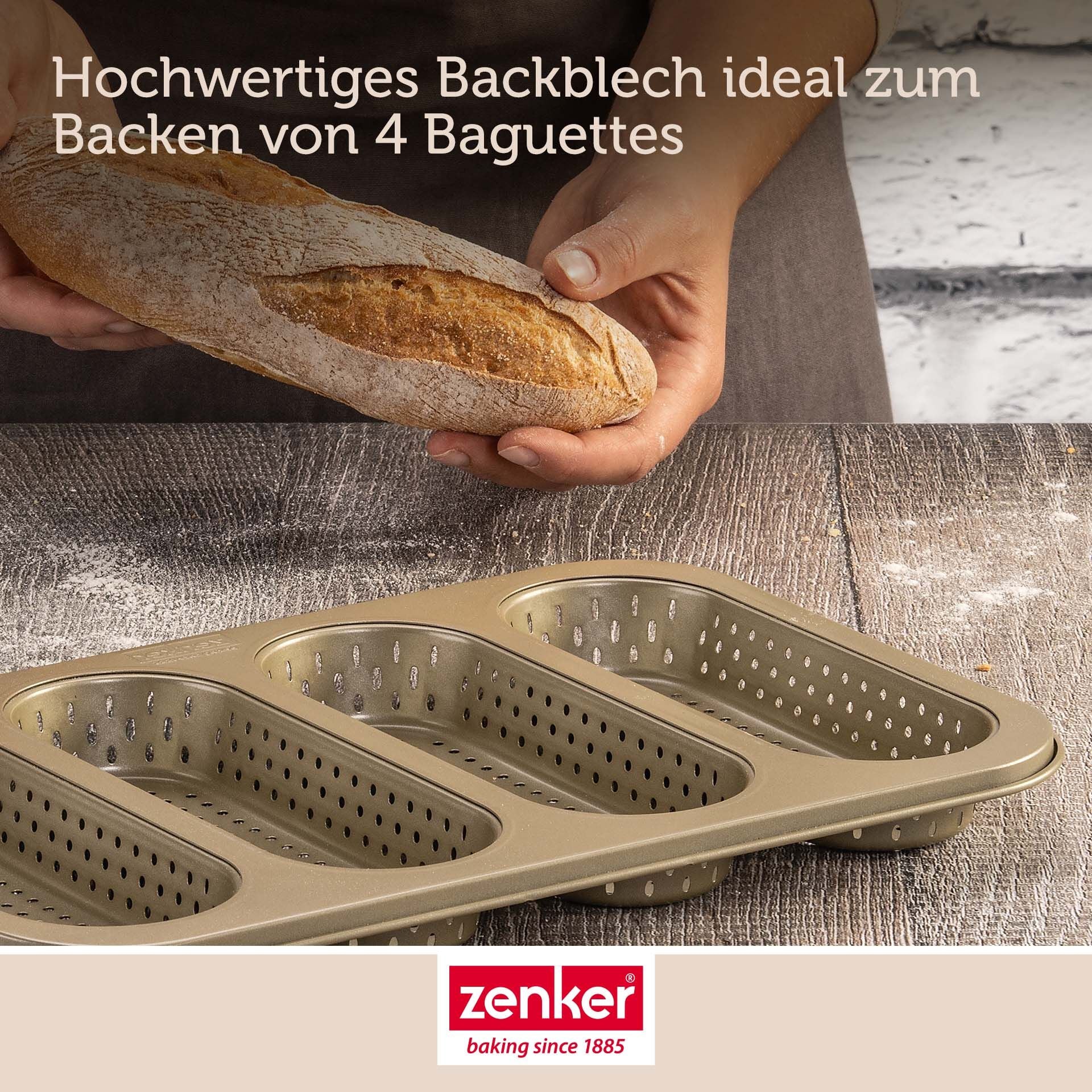 Mini-baguetteplate perforert 4 former non-stick gull - Zenker med nybakte baguetter