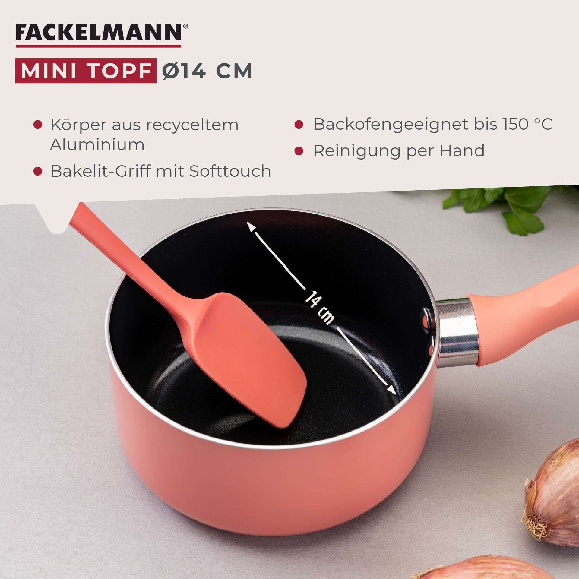 Detaljbilde av keramisk non-stick belegg på Mini kasserolle rosa Ø14 cm