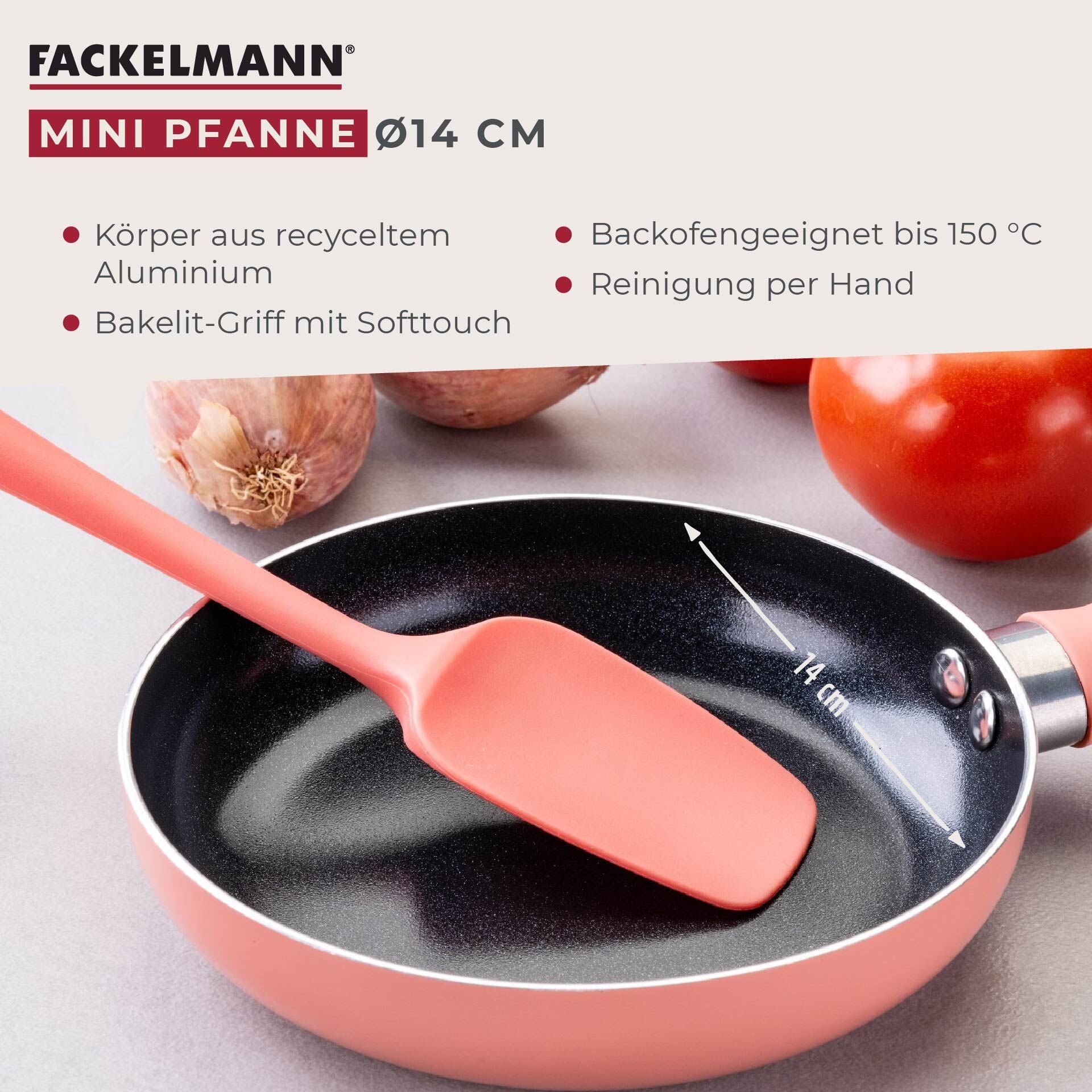 Mini stekepanne rosa Ø14 cm non-stick - Fackelmann håndtak detalj