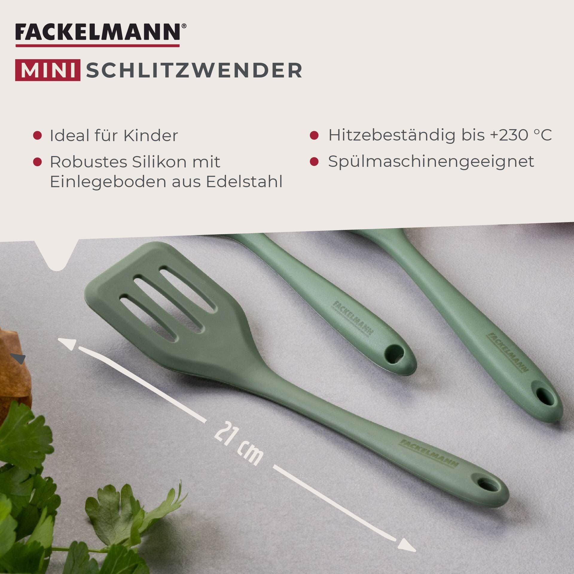 Mini stekespade silikon grønn 21 cm med slisser - Fackelmann montert