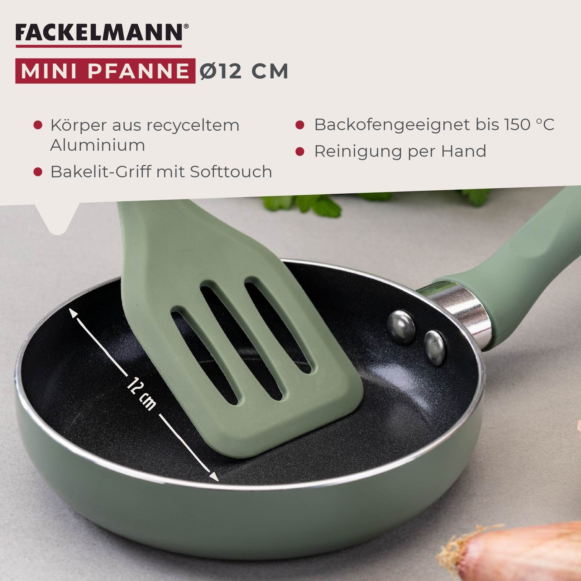 Minipanne grønn Ø12 cm keramisk non-stick nærbilde av belegg