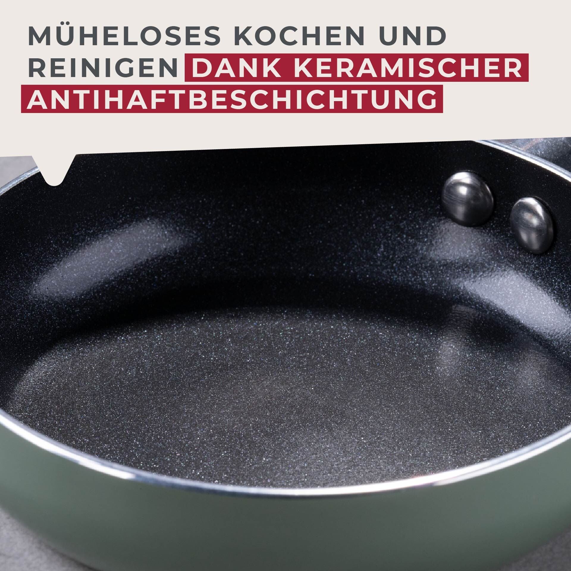 Minipanne grønn Ø12 cm keramisk non-stick montert på komfyr