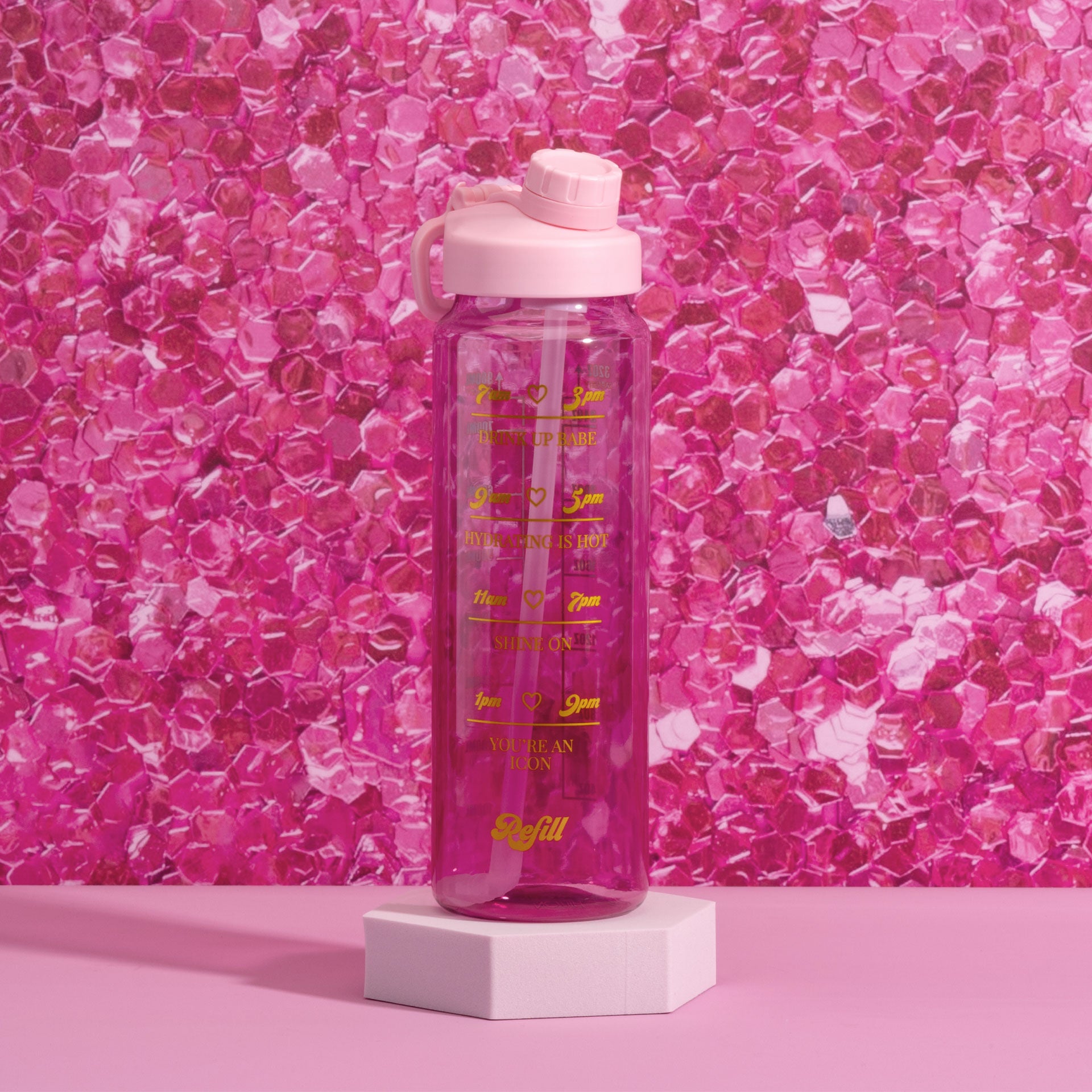 Motivasjonsflaske rosa plast 900 ml - Paris Hilton bakside