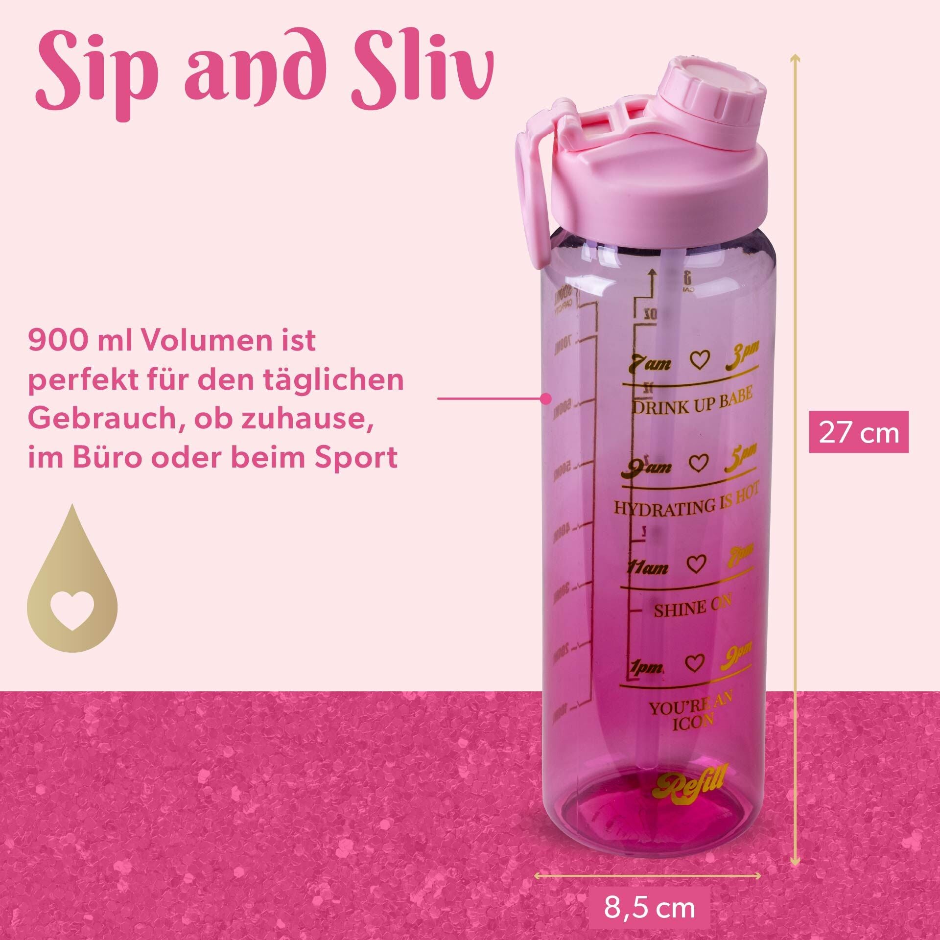 Detalj av Motivasjonsflaske rosa plast 900 ml - Paris Hilton