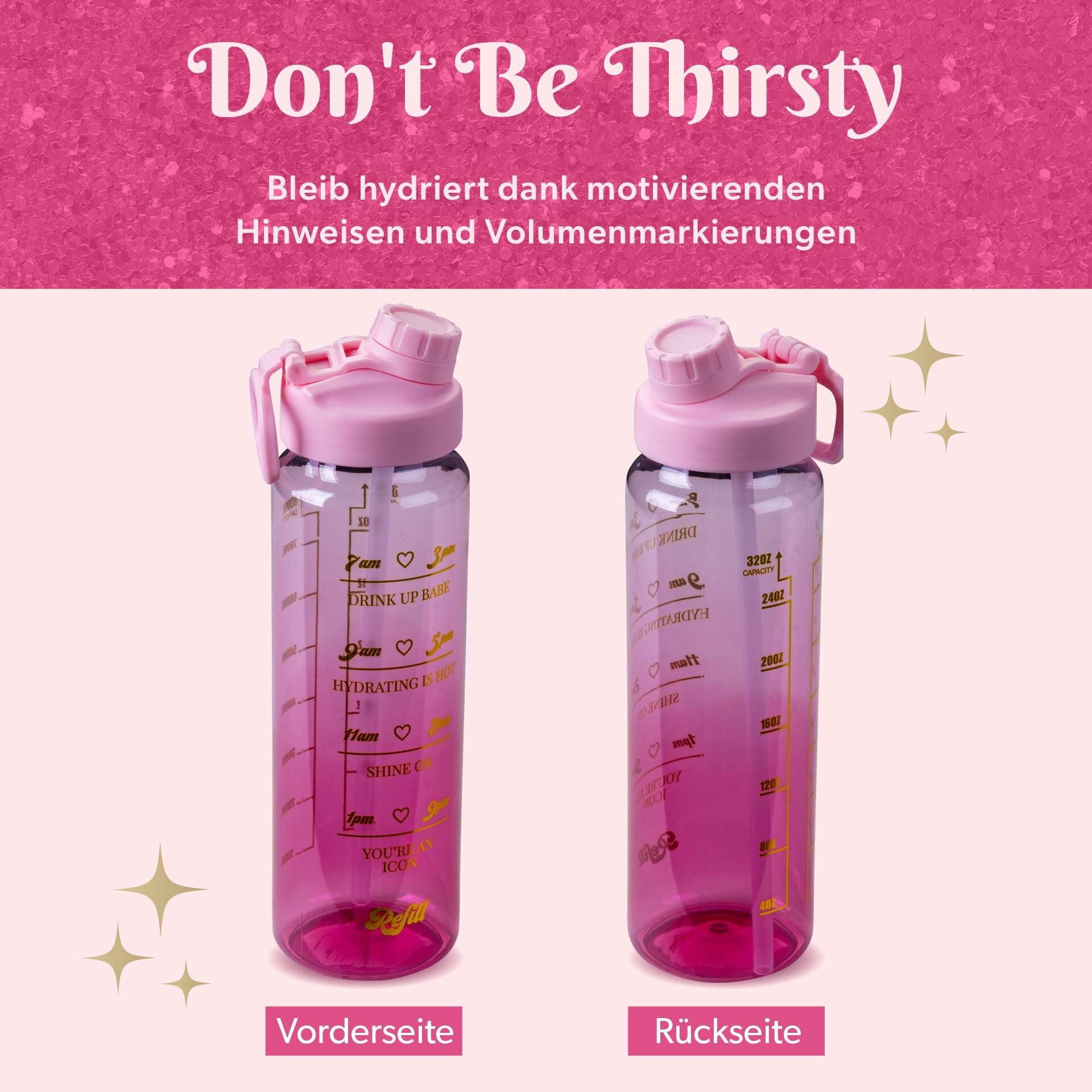 Nærbilde av motivasjonstekst på Motivasjonsflaske rosa plast 900 ml - Paris Hilton