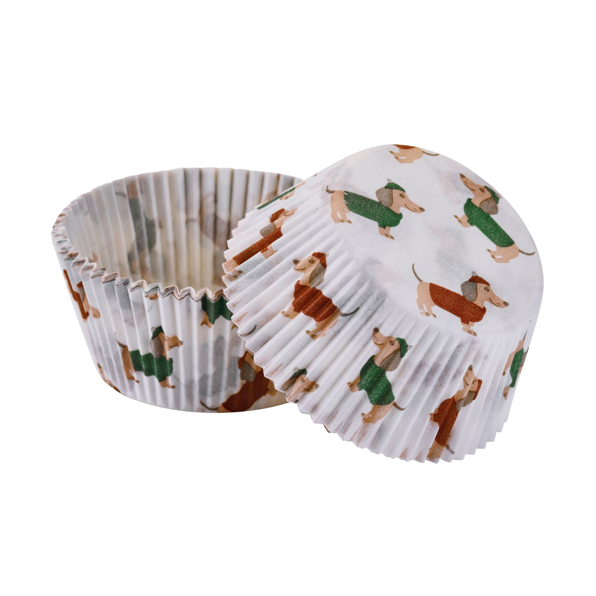 Muffinsformer papir Ø5 cm 50 stk dachshund Holiday Joy - Dr. Oetker i pakning med rødt og grønt julemotiv