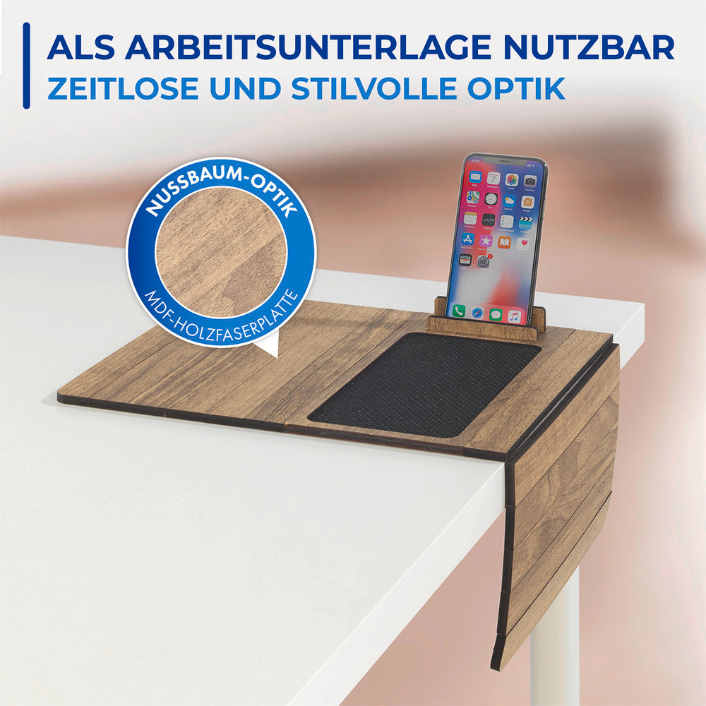 Montert Multifunksjons sofabrett med mobil- og nettbrettholder MDF brun med mobil på plass