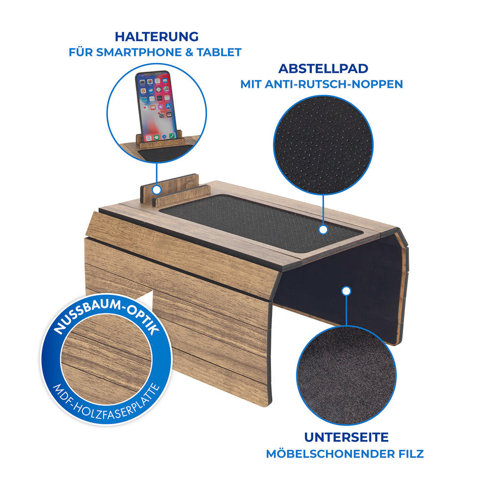 Multifunksjons sofabrett med mobil- og nettbrettholder MDF brun i bruk på sofa