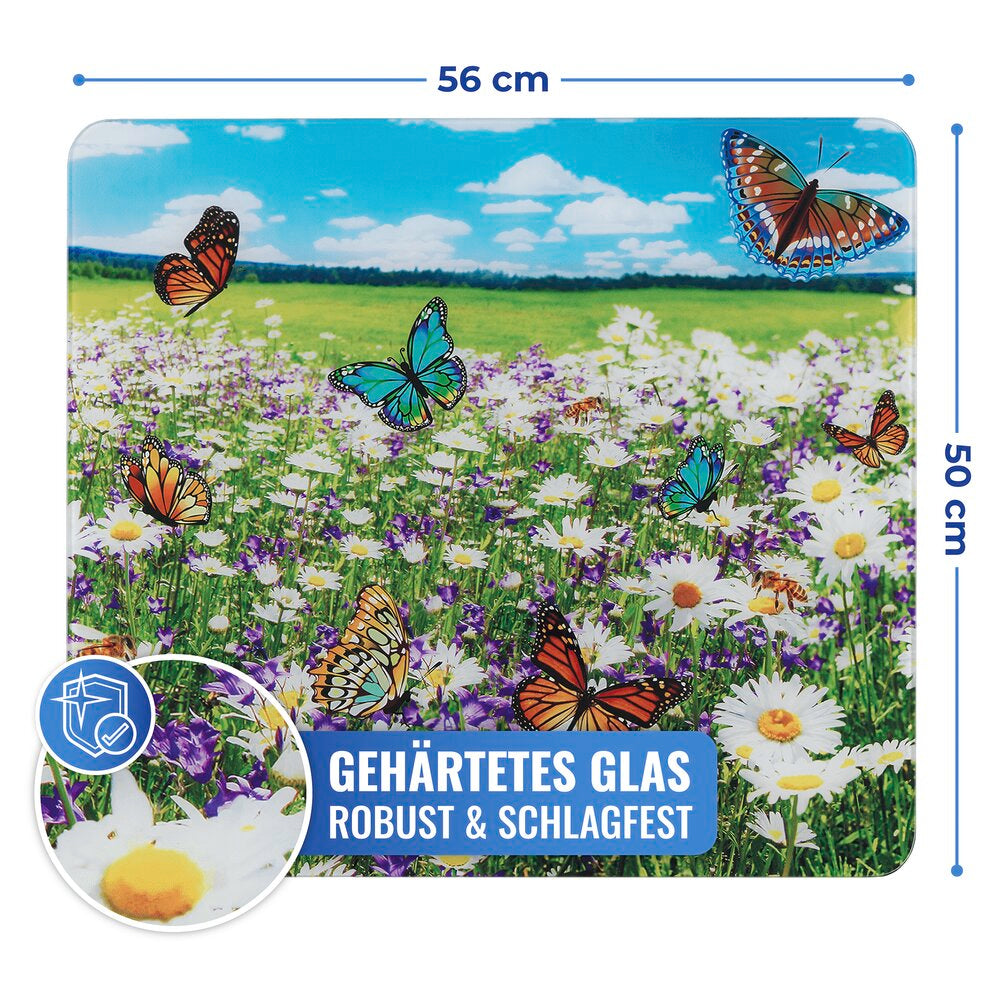 Multiplate glass 56×50 cm sprutbeskytter og skjærefjøl bakside