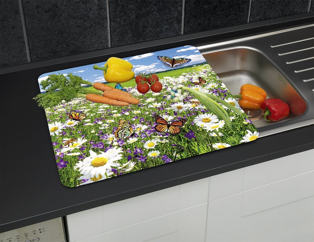 Flerfarget design på Multiplate glass 56×50 cm sprutbeskytter og skjærefjøl