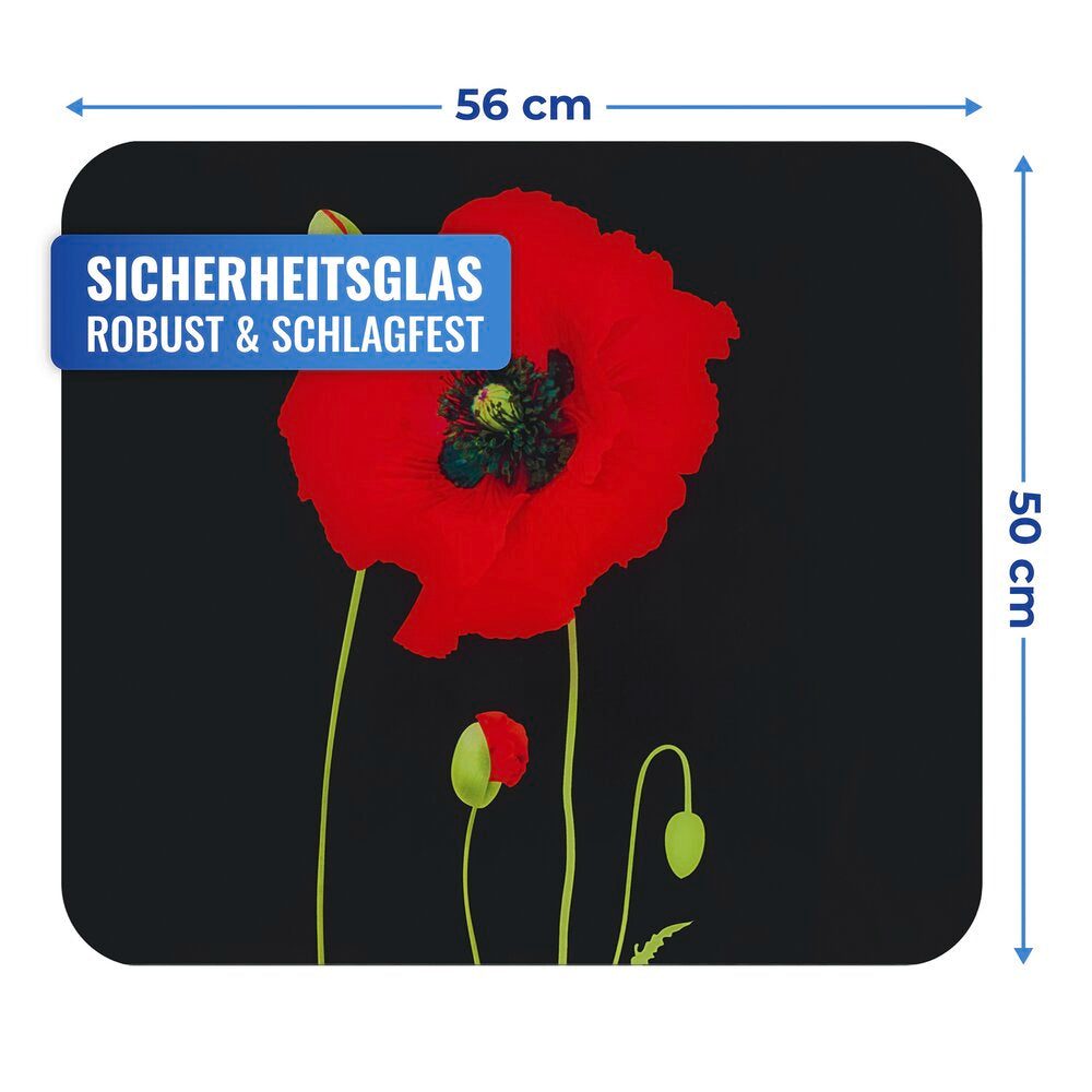 Bakside av Multiplate glass 56×50 cm valmuedesign sprut-/skjærebeskyttelse